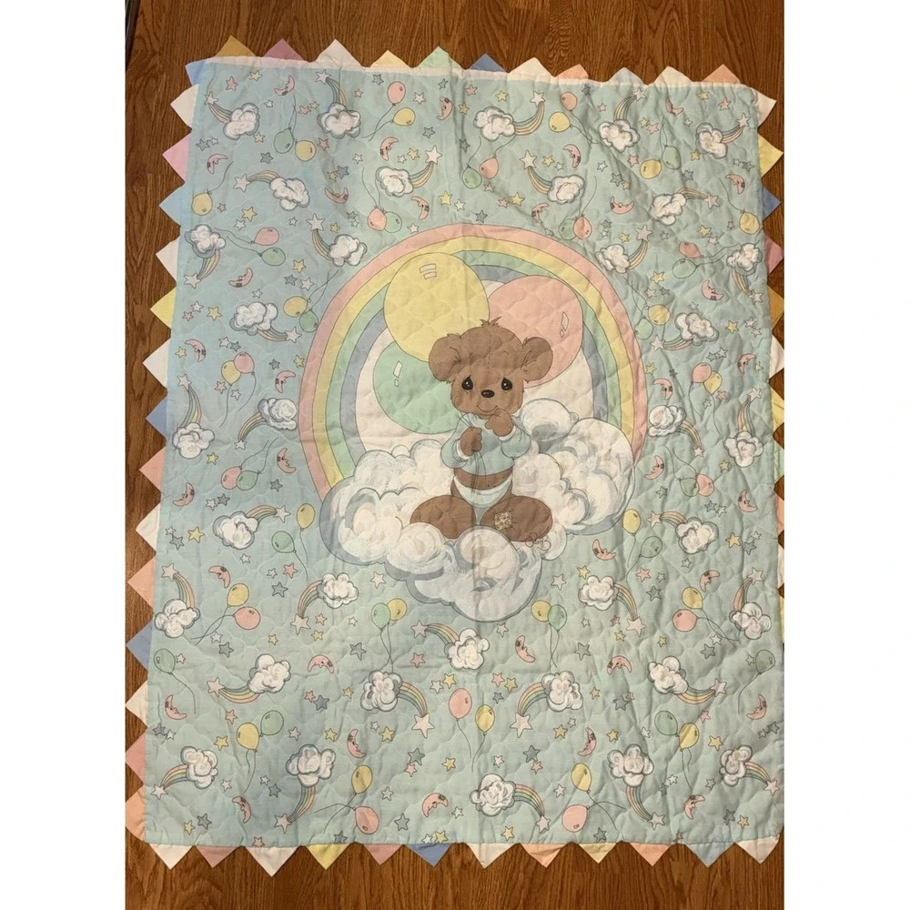 Precious Moments Baby Blanket Quilt Comforter Teddy Bear Balloon Rainbow Moon